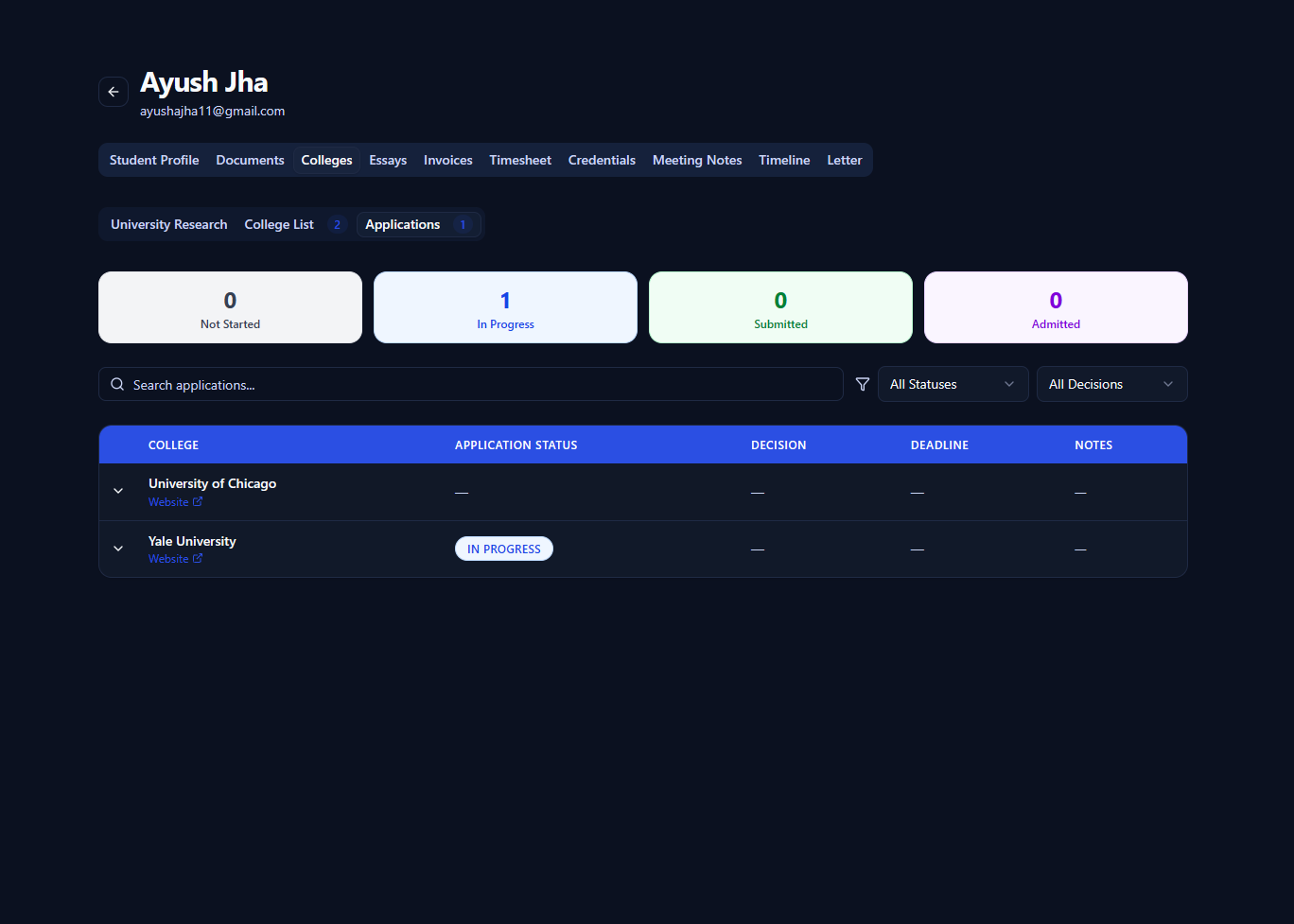 Application tracking in Pave: each college a student applies to, with its status, decision and deadline