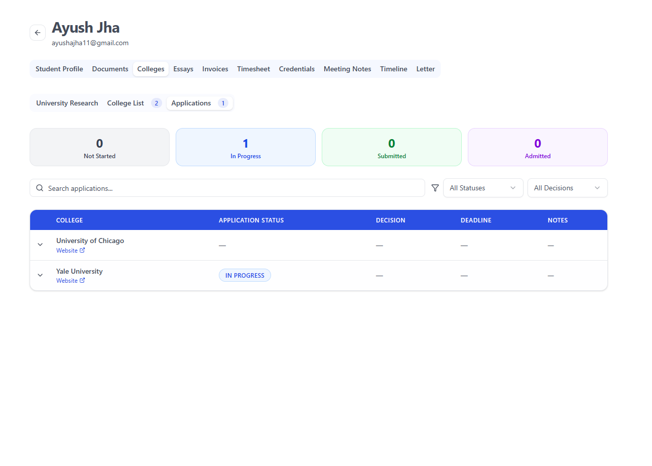 Application tracking in Pave: each college a student applies to, with its status, decision and deadline