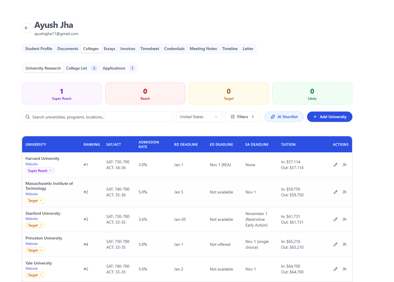 A college list in Pave grouped into reach, target and likely, with deadlines and tuition for each college