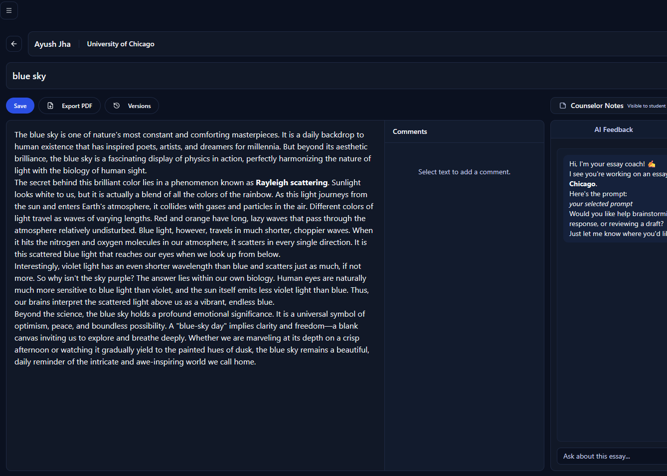 An essay draft in Pave with comments and feedback beside the text