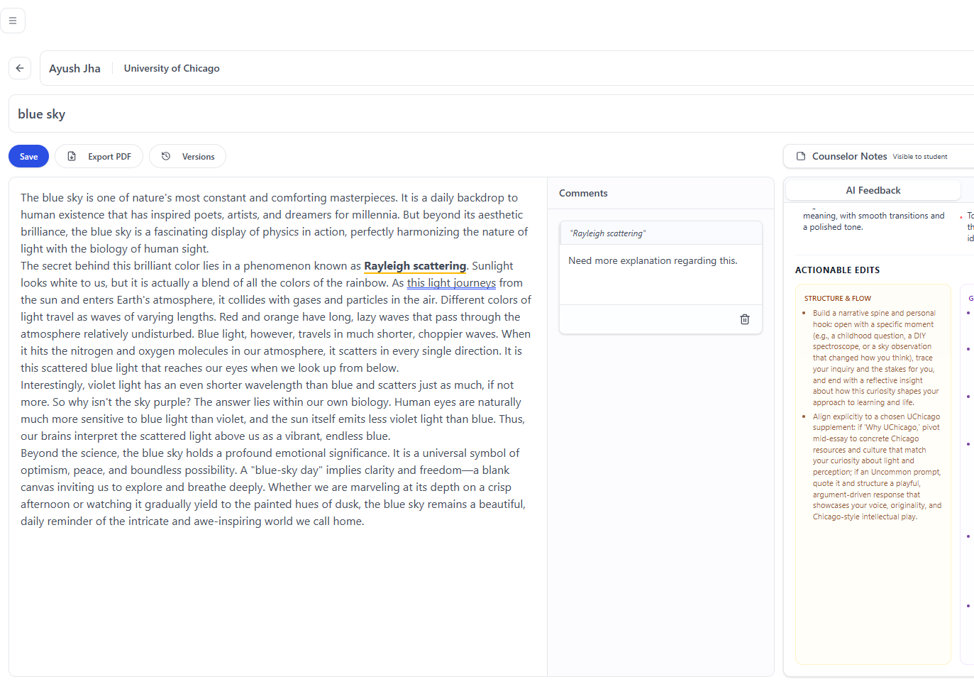 An essay draft in Pave with comments and feedback beside the text