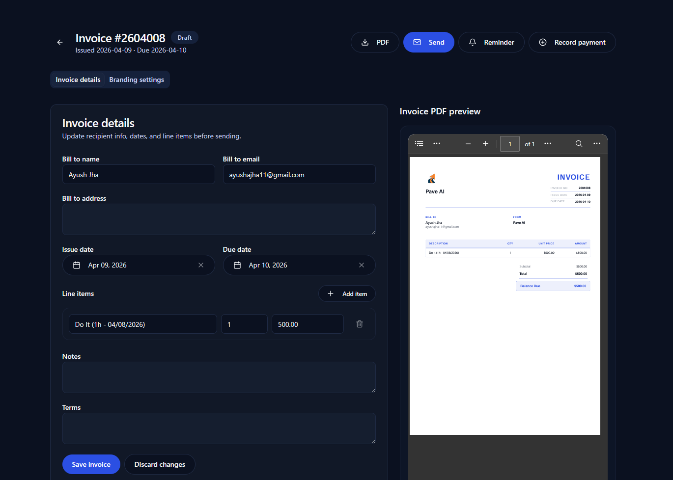 The invoices page in Pave listing invoices with amounts and status