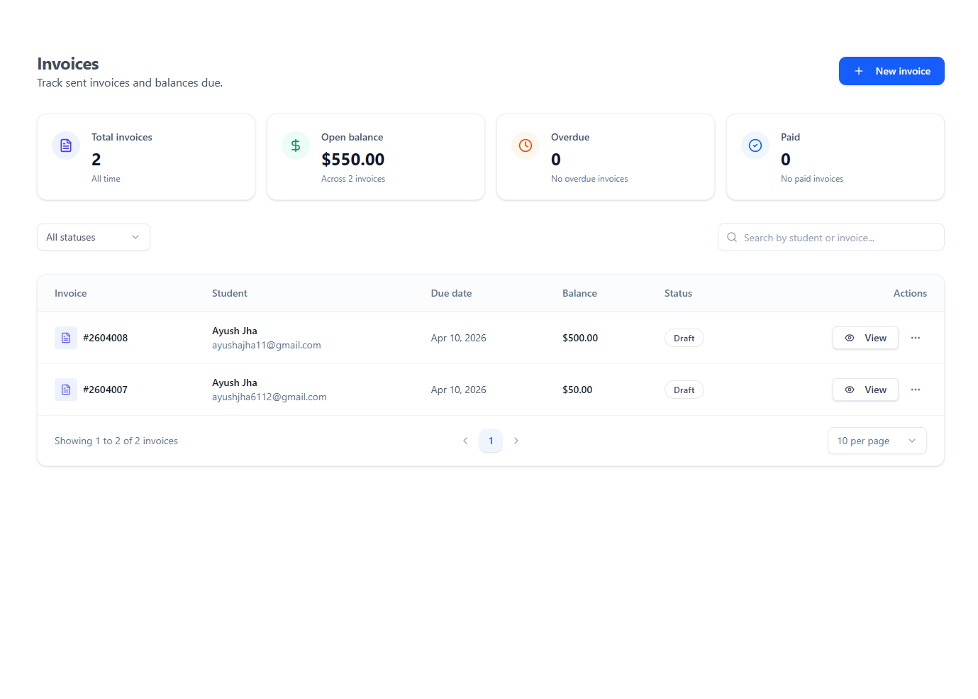 The invoices page in Pave listing invoices with amounts and status