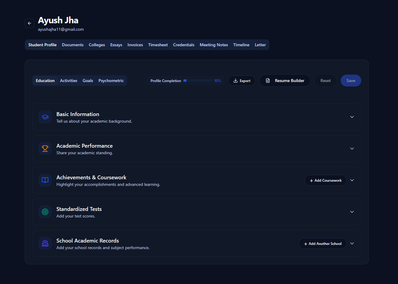 A student's workspace in Pave with tabs for profile, documents, colleges, essays and more